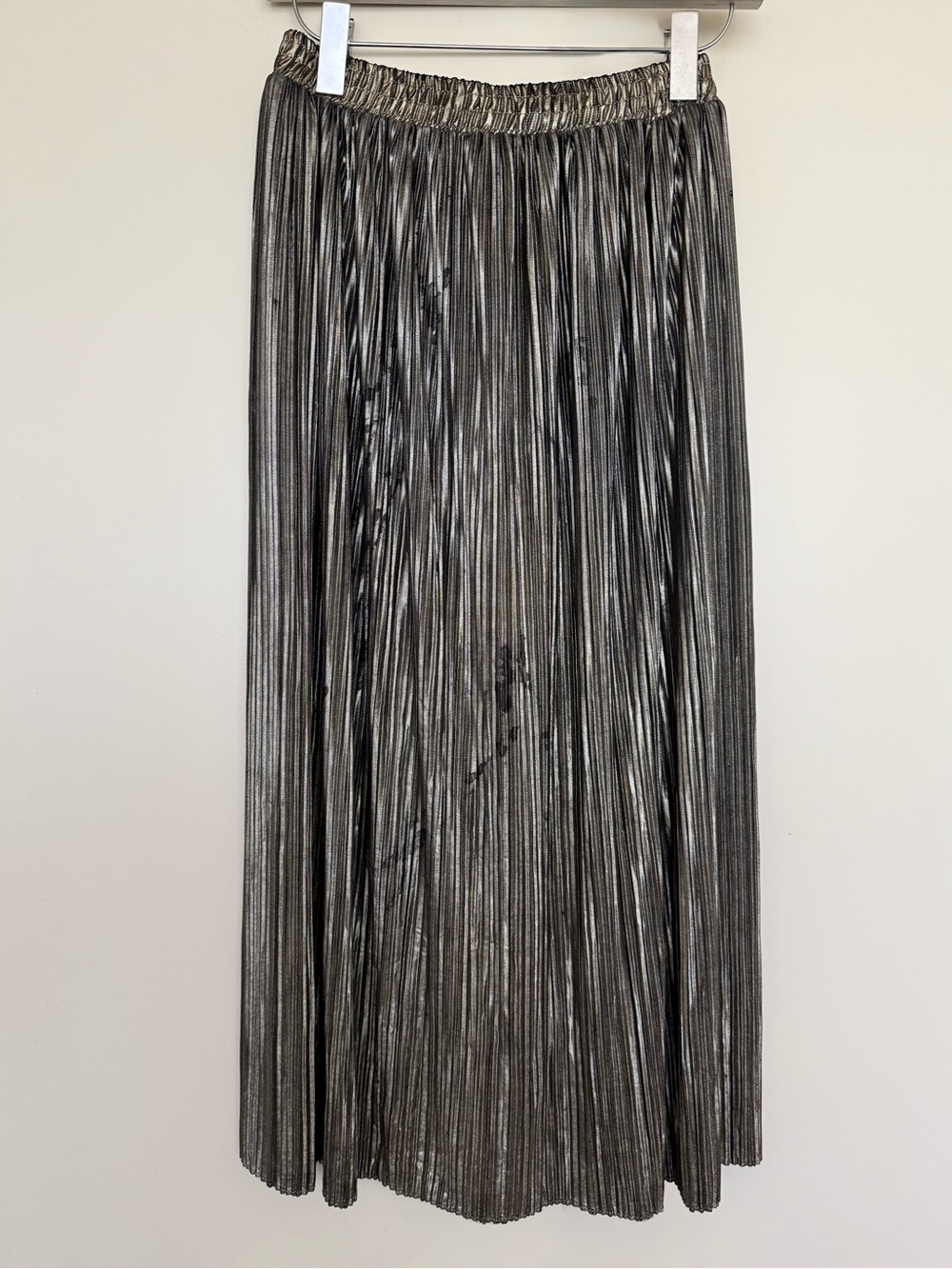 Vintage Metallic Gold Black Micro Pleated Midi Skirt S/M Witchy Whimsigoth
